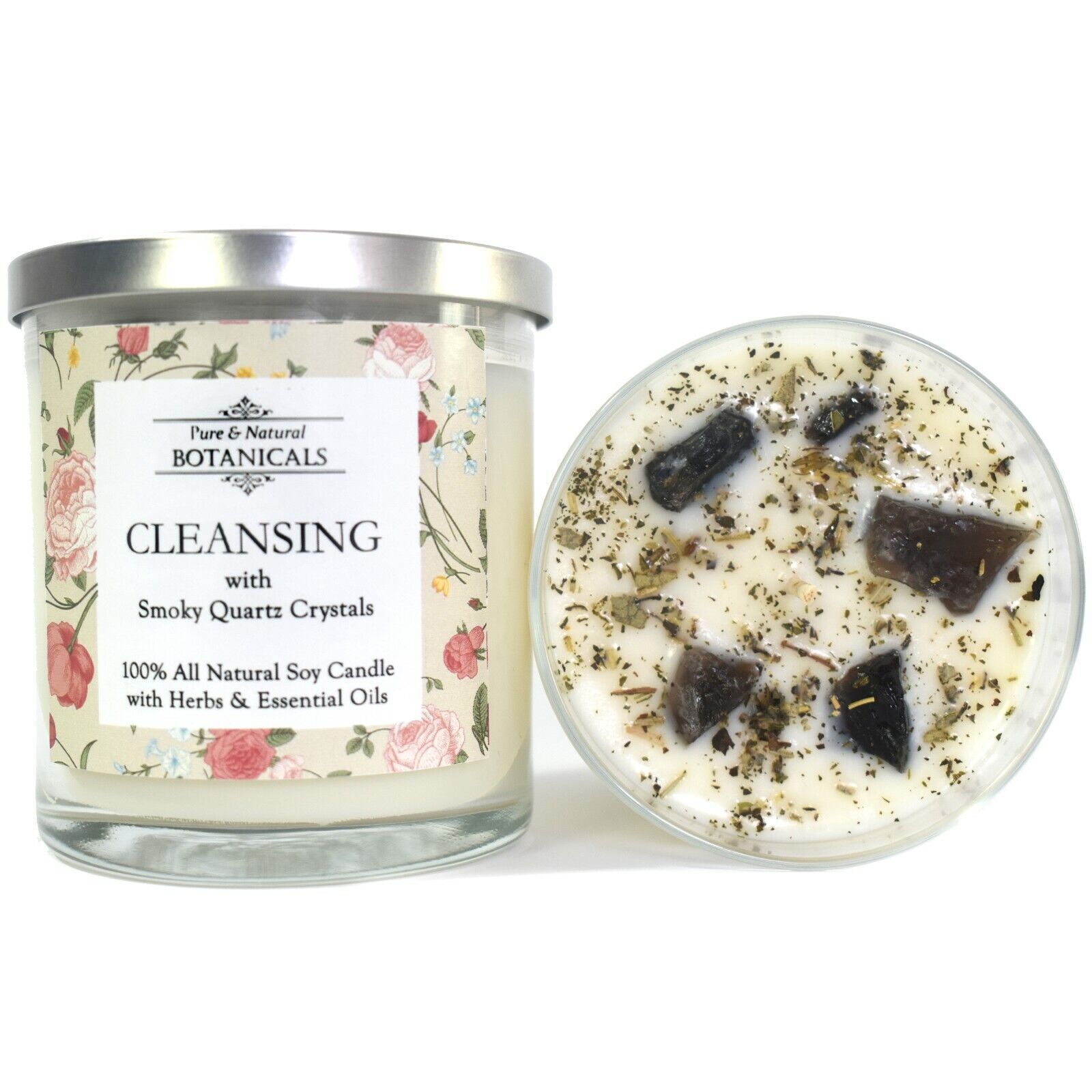 Cleansing Soy Candle Natural w/ Smokey Quartz Crystals Purification Wiccan Pagan