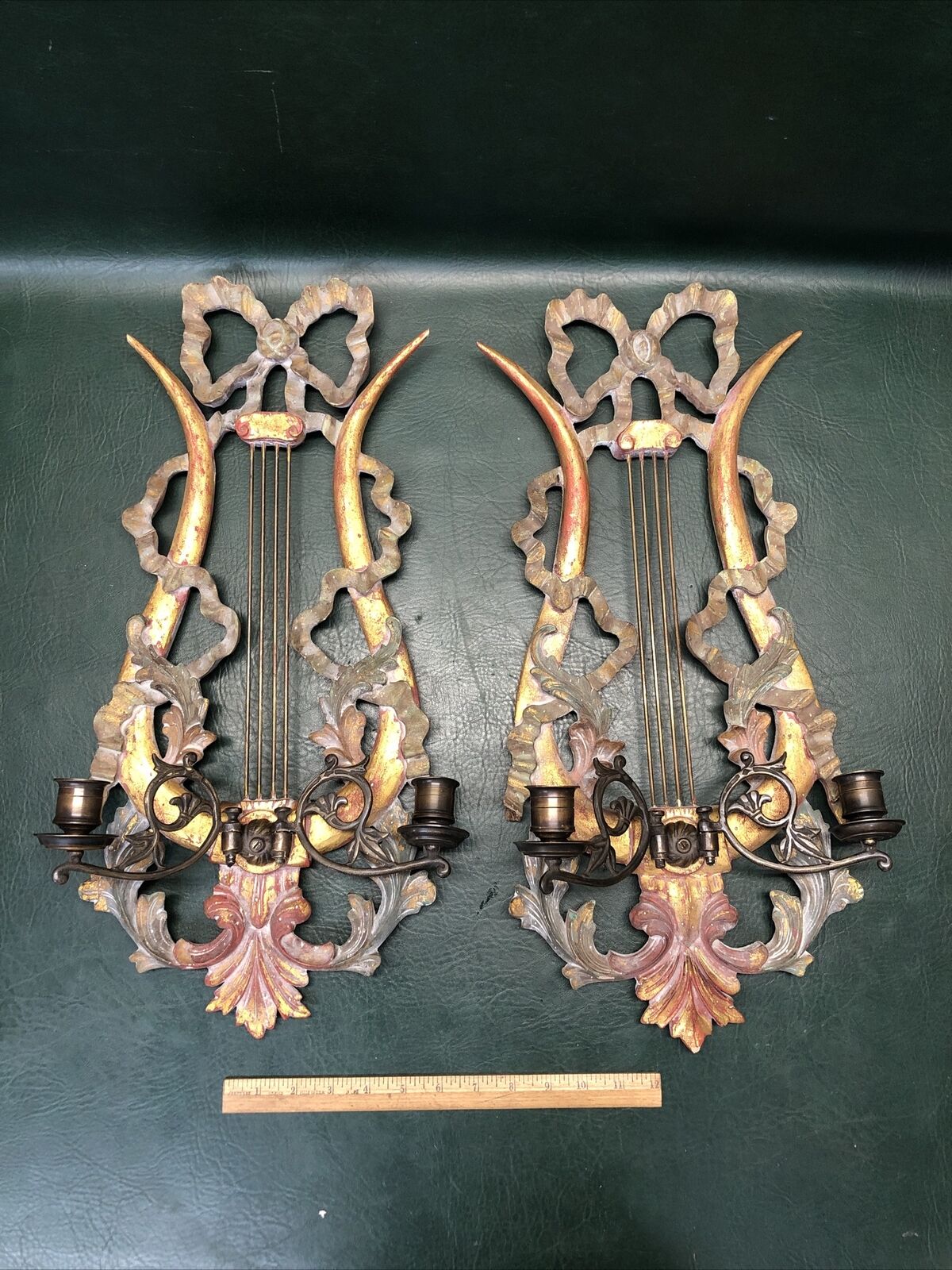 Fine Pair of  Hand Carved Italian Neoclassical Gilt Wood Lyre Wall Candle Sconce