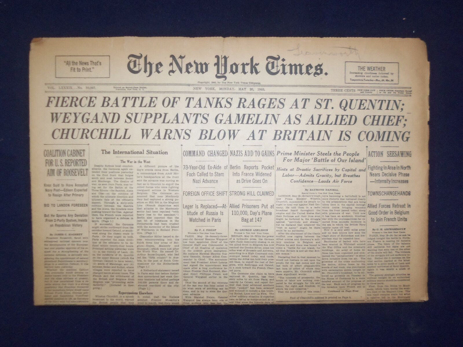 1940 MAY 20 NEW YORK TIMES - CHURCHILL WARNS BLOW AT BRITAIN IS COMING - NP 6493