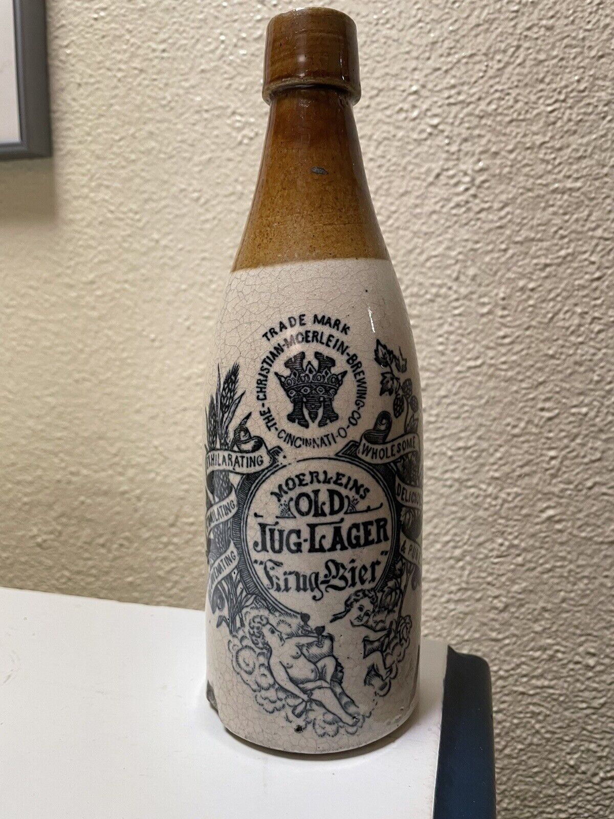 Antique Stoneware Beer Bottle Moerlein\'s Old Jug Lager Cincinnati, OH 1880s