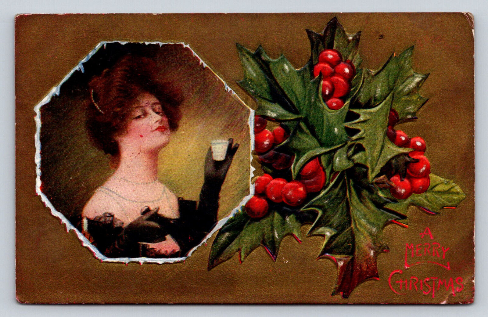 c1910  Elegant Woman Holds Tea Cup Christmas  P812