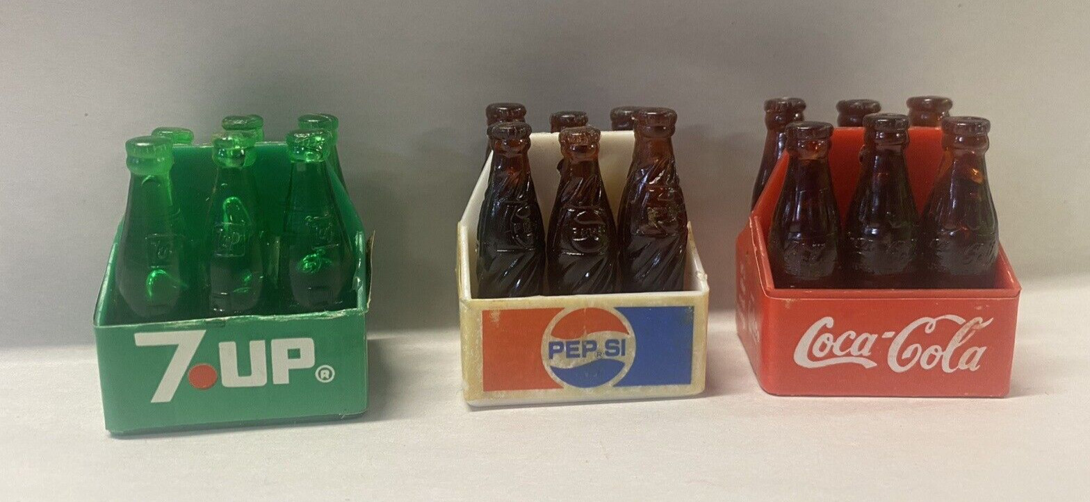 3 Vintage 1960s Miniature Coca Cola Coke 7- UP Pepsi Bottle 6 Packs