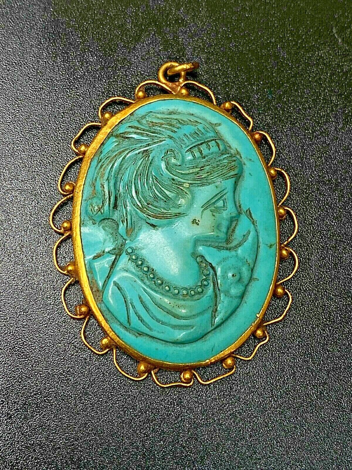Antique solid gold pendent with natural carved turquoise pendent handmade #9