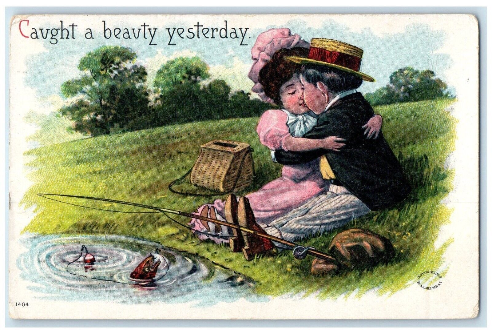 1908 Couple Kissing Romance Fishing Caught A Beauty Yesterday Embossed Postcard
