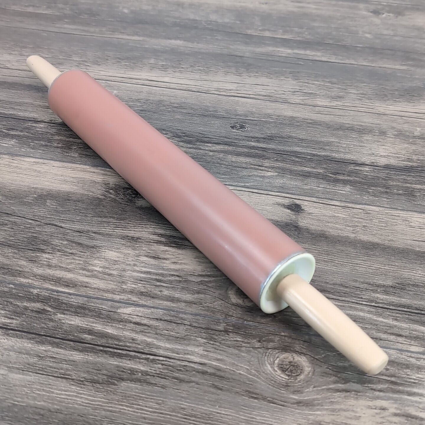 Vintage 60's Pink Plastic White Handles Rolling Pin 19