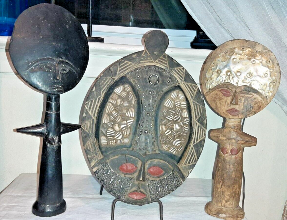 Lot of 3 Vintage African Hand-Carved Akuaba fertility dolls (Ghana), face plaque