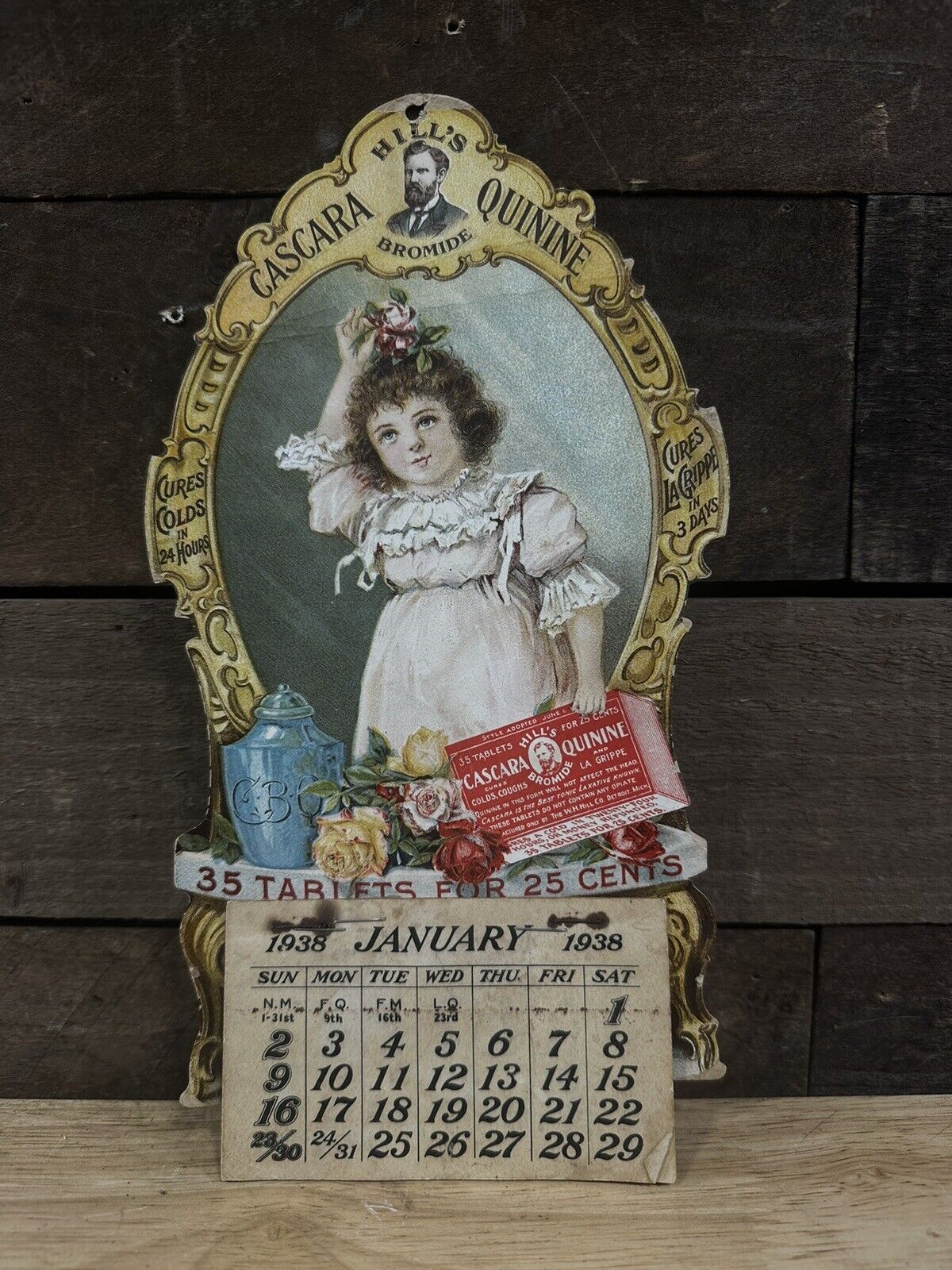 Vintage 1938 “Hill’s Bromide” Cascara Quinine Calendar Flower Girl Advertising 