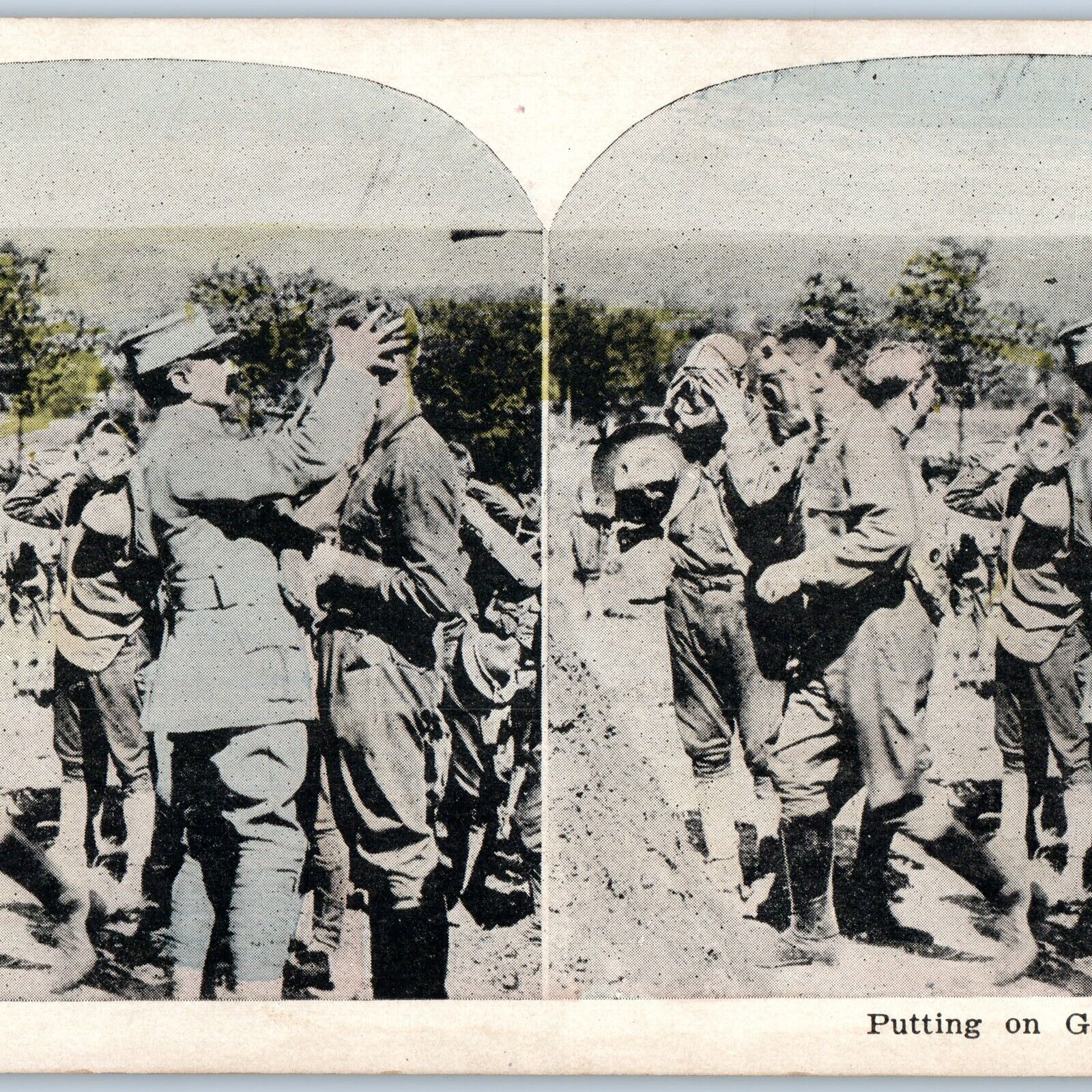 c1910s WWI Trench Warfare Using Gas Masks Stereoview Army Soldiers Military V34