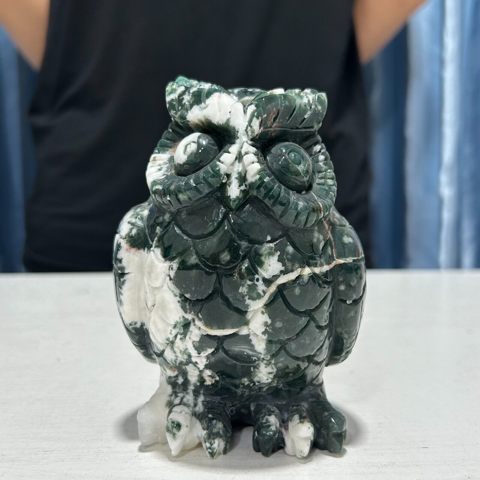 2.4LB 4.7\'\'Natural Moss Agate Owl Statue Quartz Crystal Carving Healing Decor