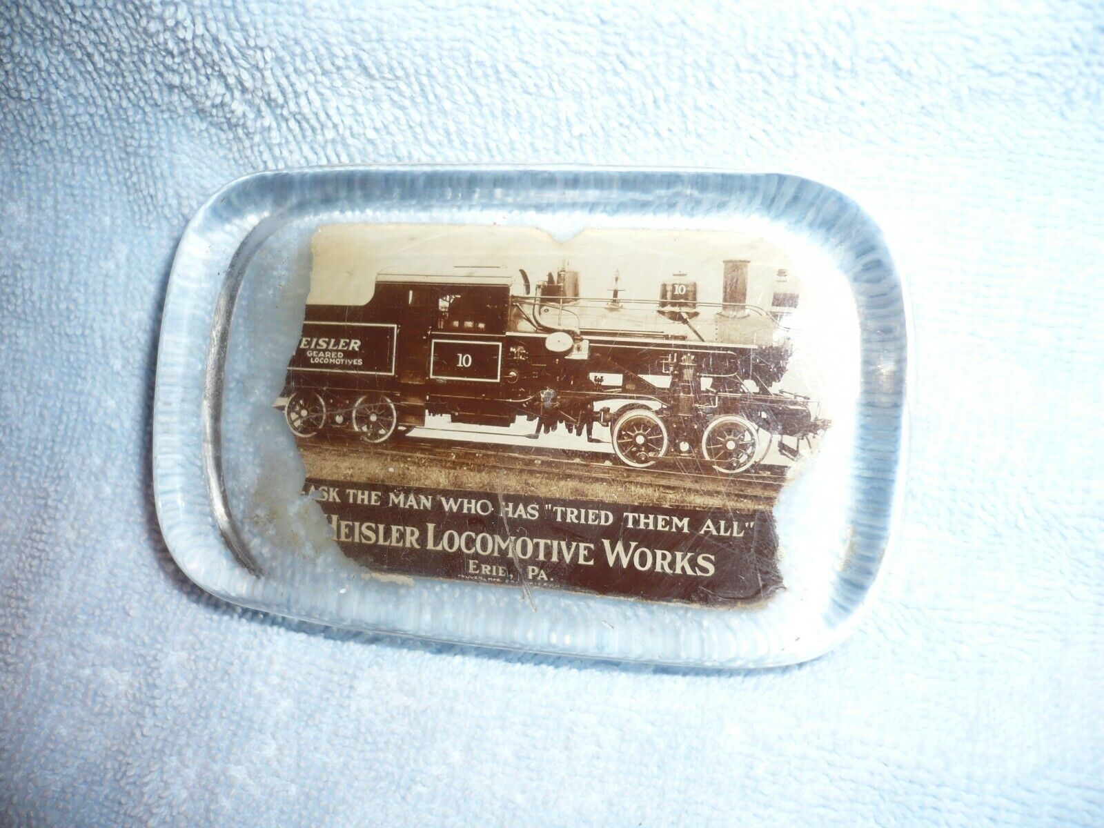  GREAT EARLY HEISLER LOCOMOTIVE WORKS ERIE PA glass advertising paperweight