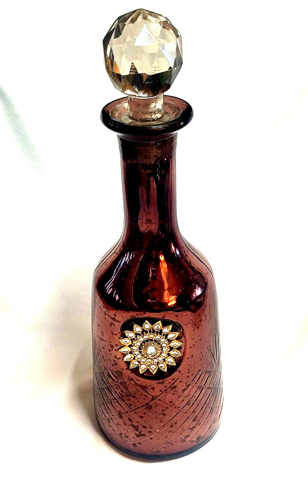 Vintage 10” Burgandy Red Decanter Bottle Decorative w/Stopper & Front Medallion
