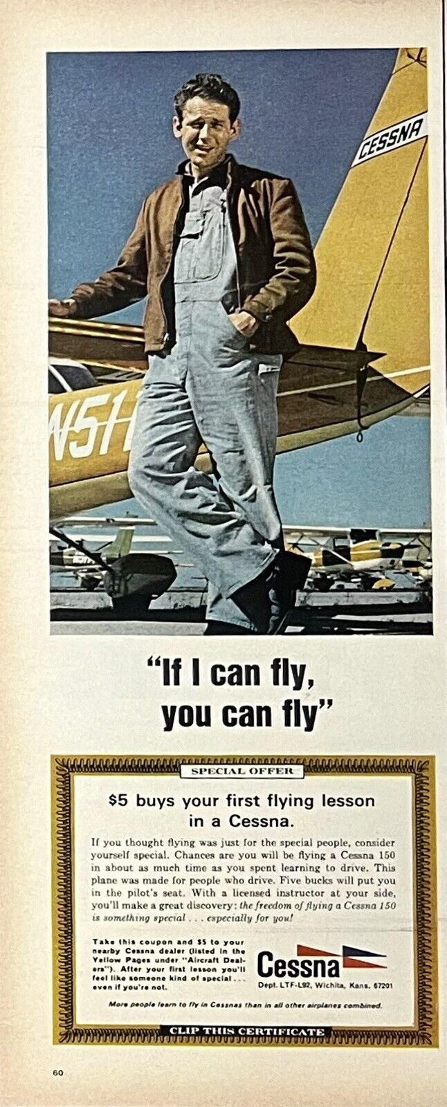Vintage Print Ad 1969 Cessna Airplane Flying Lessons Gift Certificate Pilot MCM 