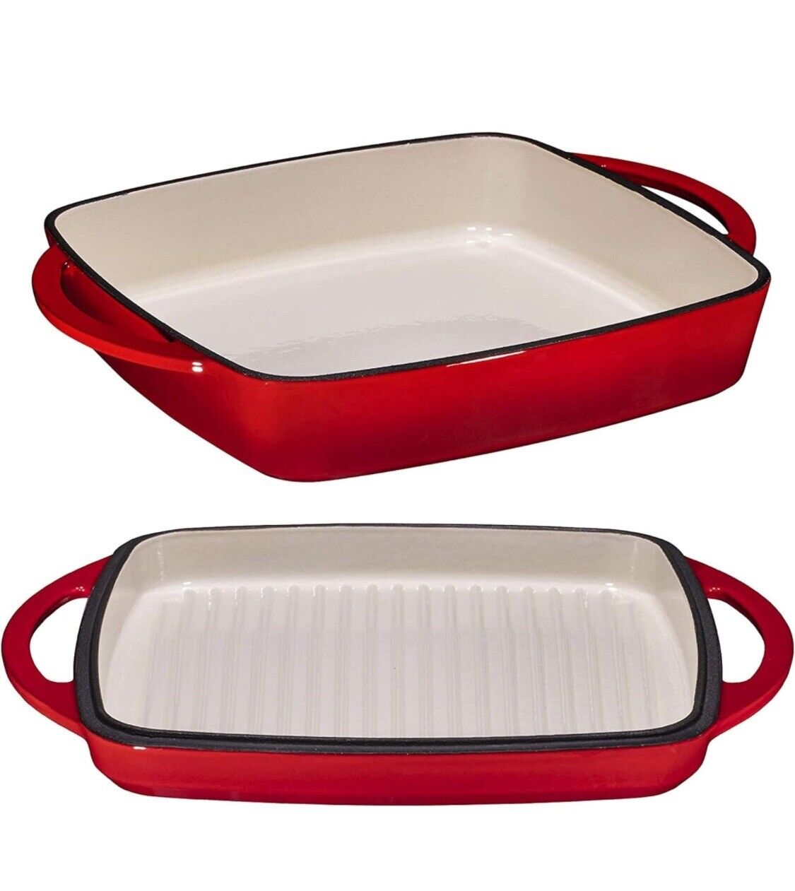 2-In-1 Square Enameled Cast Iron Dutch Oven Baking Pan and Gridle Lid with Dual 
