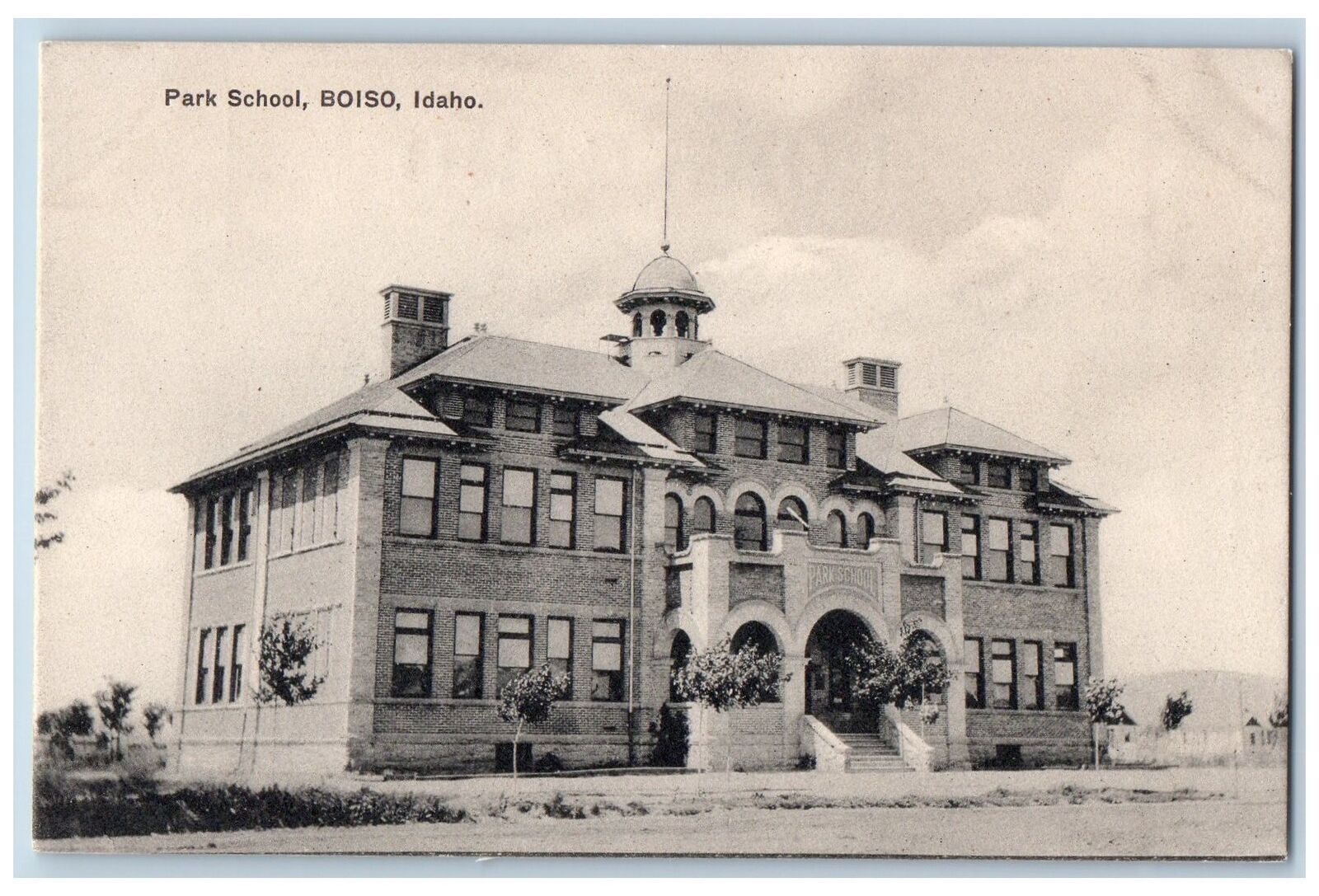 Boise Idaho ID Postcard Park School Building Exterior Scene c1920s Antique Trees