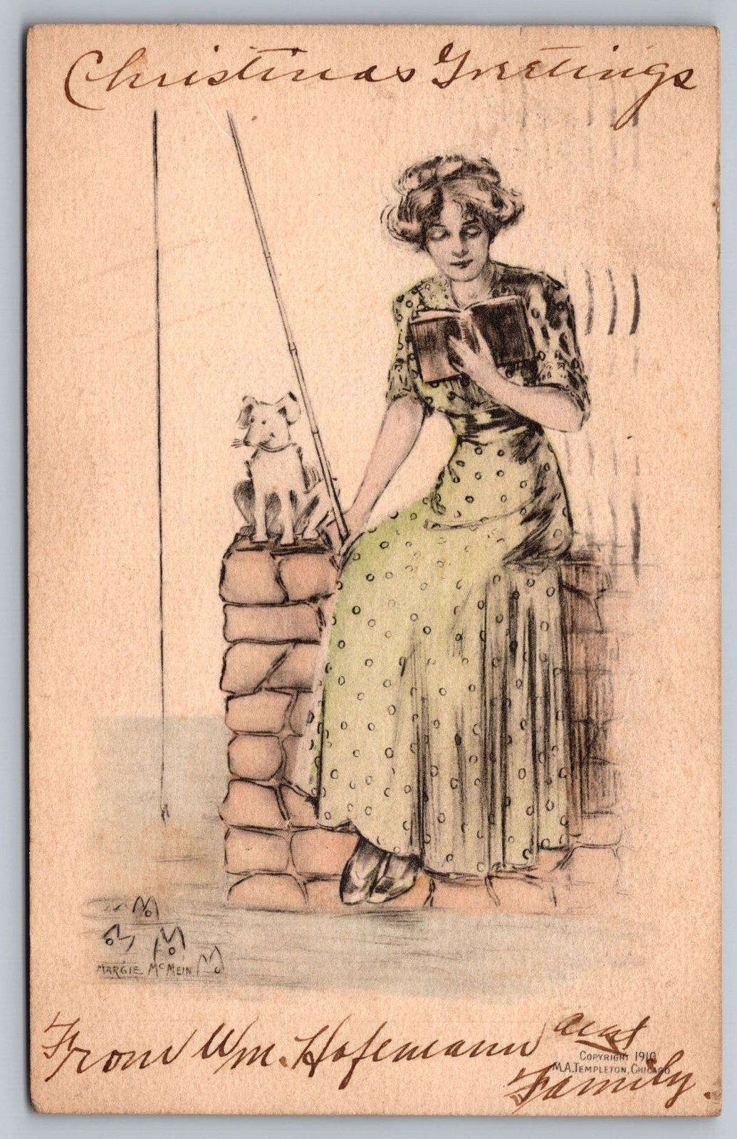 Lady Fishing With Her Dog-A/S Margie McMein (Neysa) Rare c1910 Antique Postcard