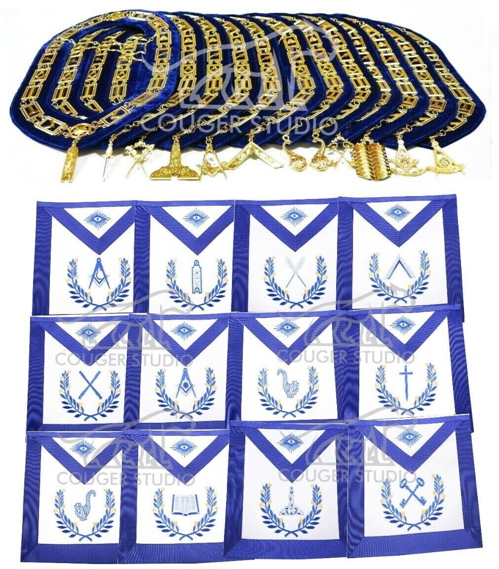 Masonic Blue Lodge Officers Aprons Regalia Set of 12 & Blue Backing Chain Collar