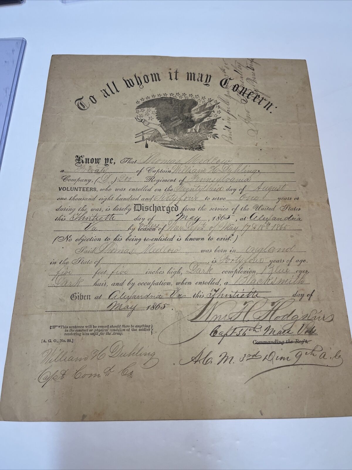 1865 Civil War Discharge Document 