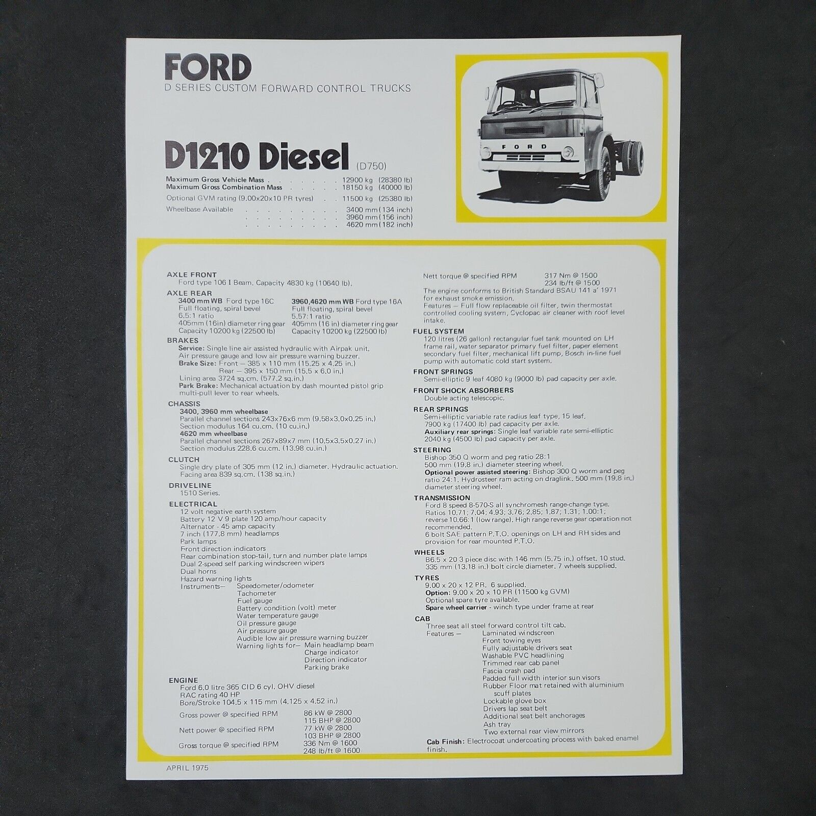 FORD D1210 DIESEL Truck Original Vintage Advertising Sales Specs Sheet 1975