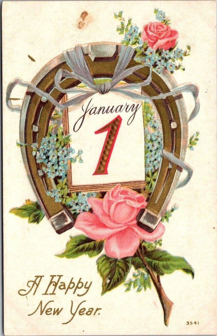 Early 1900's A Happy New Year Horseshoe #1 Roses Embossed Antique Postcard B16