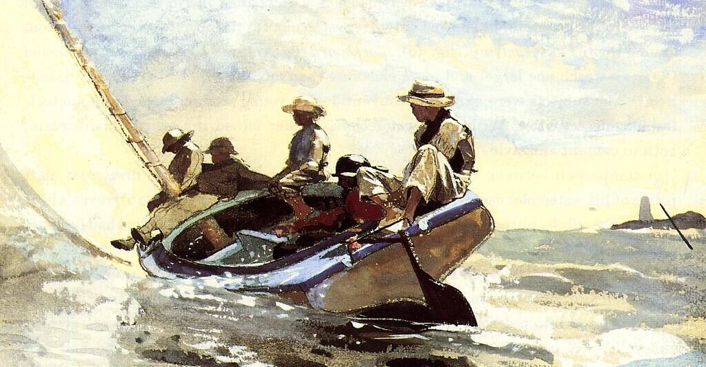 Oil painting Sailing-the-Catboat-Winslow-Homer-oil-painting-seascape canoe waves
