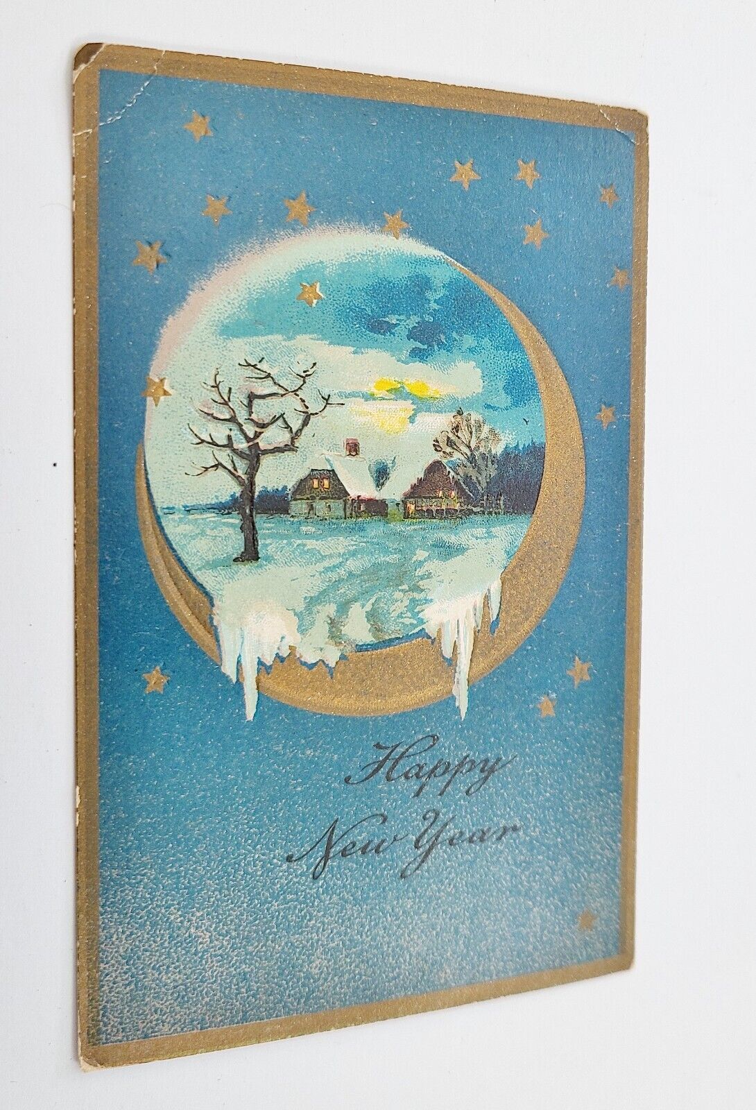 Antique New Year Greetings Postcard Embossed Unmailed Winter Scene