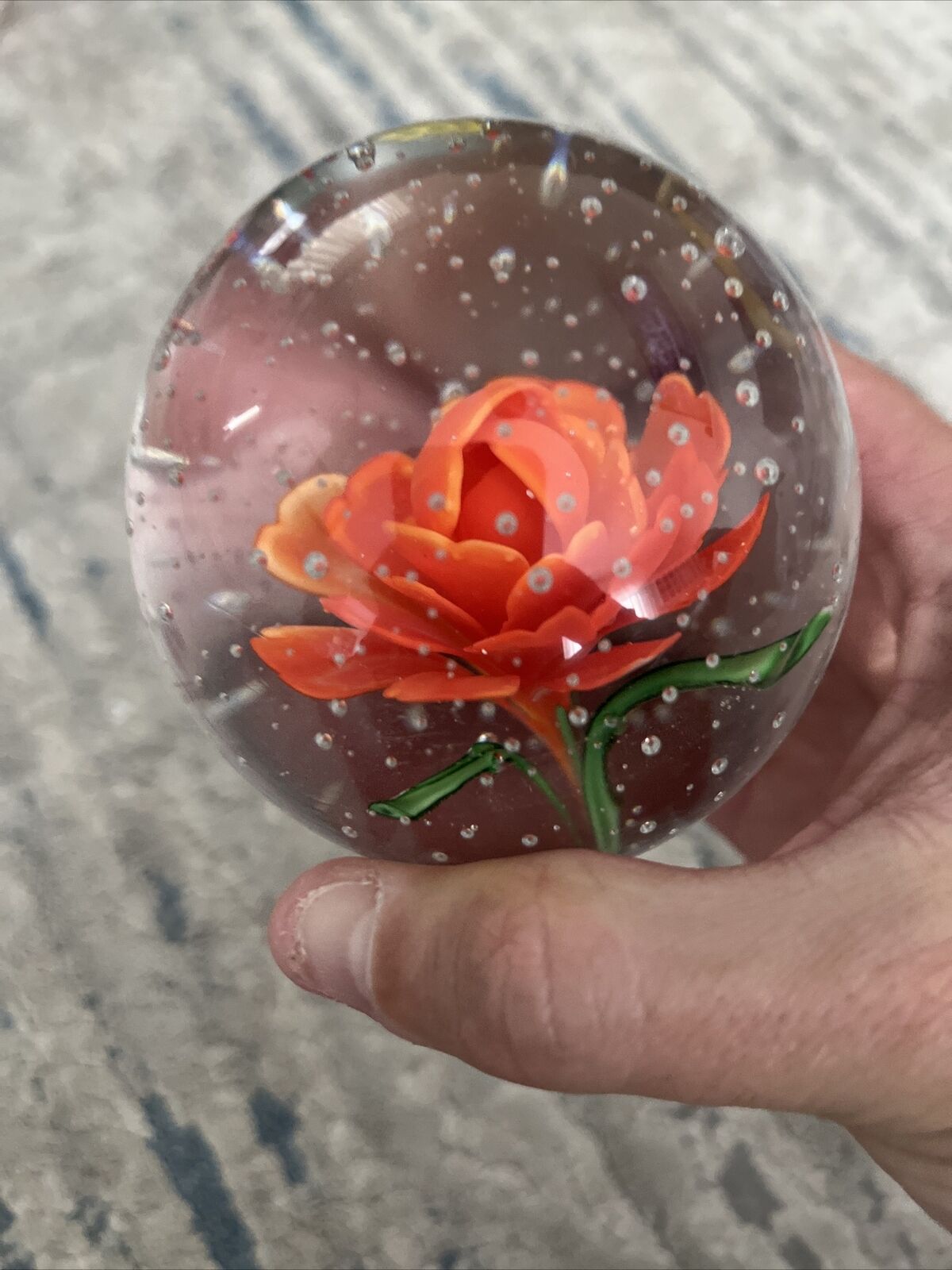 Vintage Silvestri Art Glass Paperweight Orange Rose Flowers Garden Gift