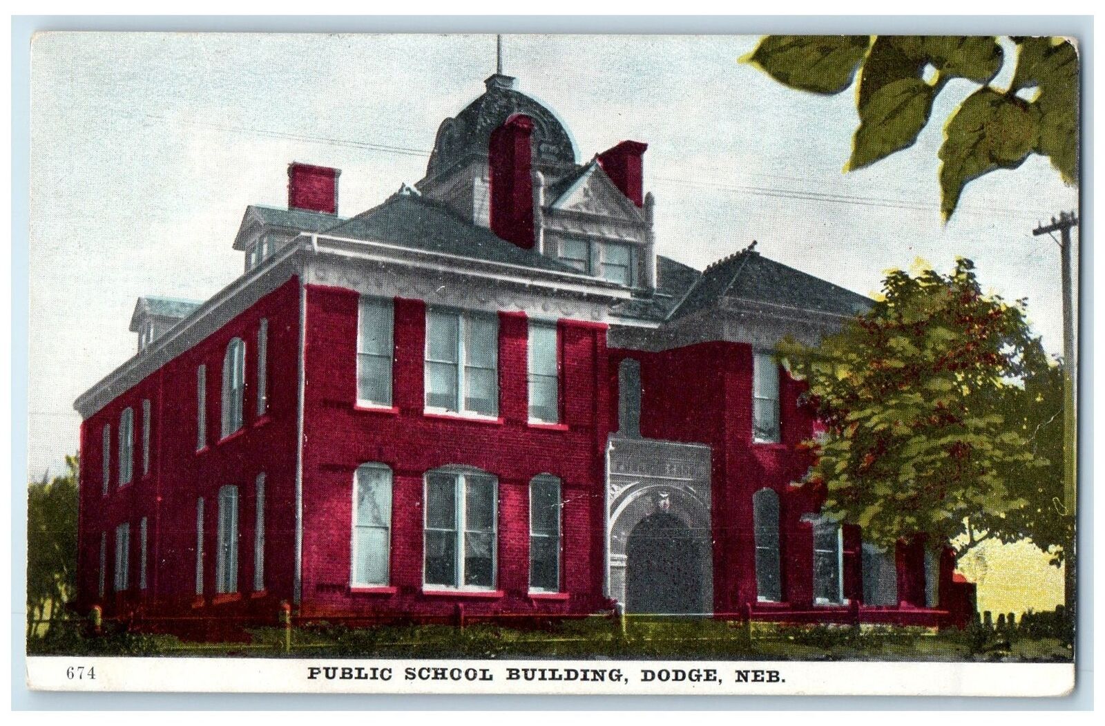 1909 Public School Building Exterior Dodge Nebraska NE Posted Trees Postcard
