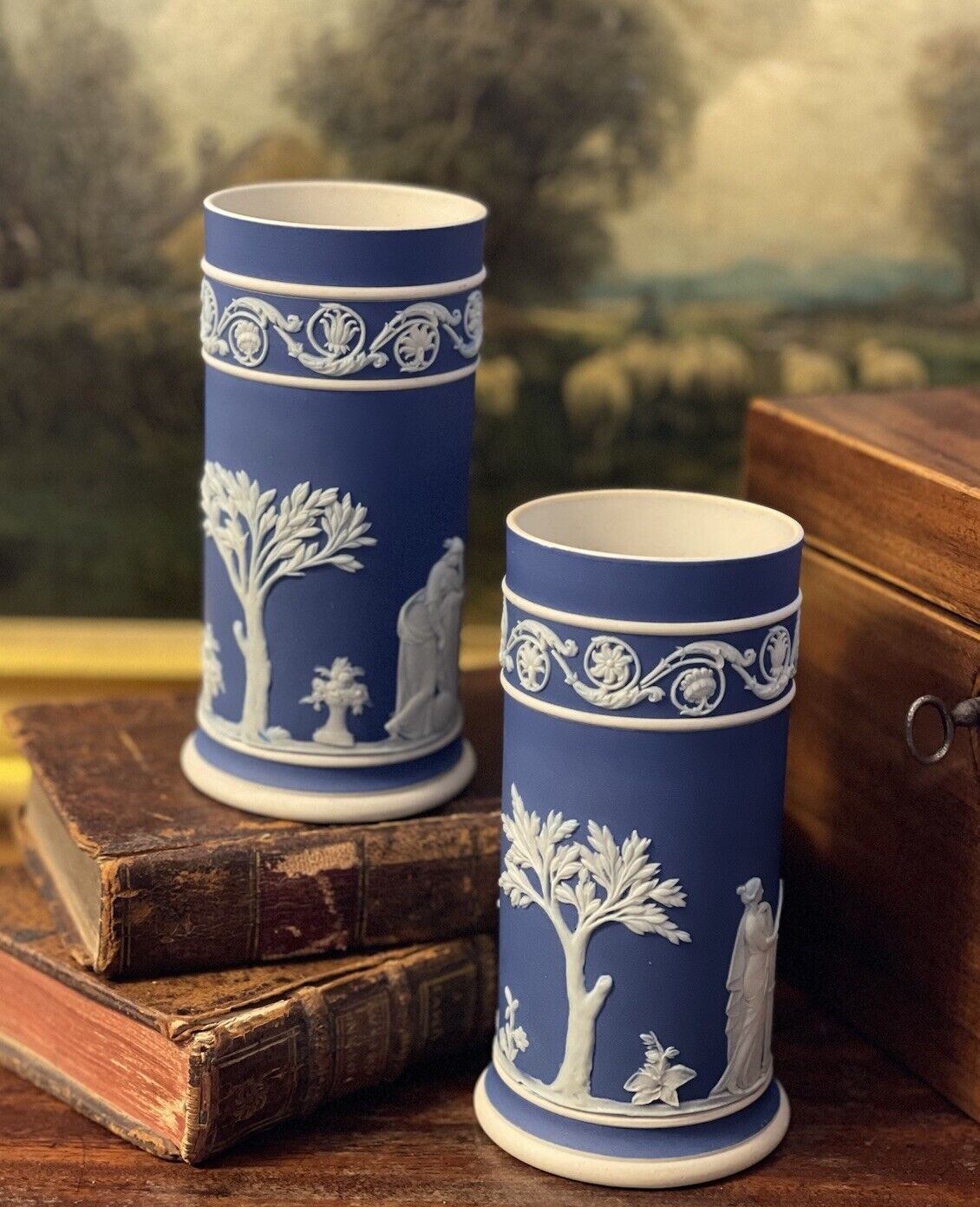 Superb Rare Cobalt Blue White English Wedgwood Jasperware Vase Brush Pot Pair 5”