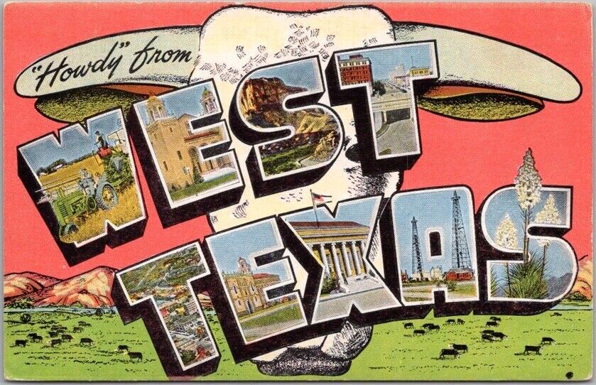 c1940s WEST TEXAS Large Letter Postcard Multi-View / Cattle Scene / Kropp Linen