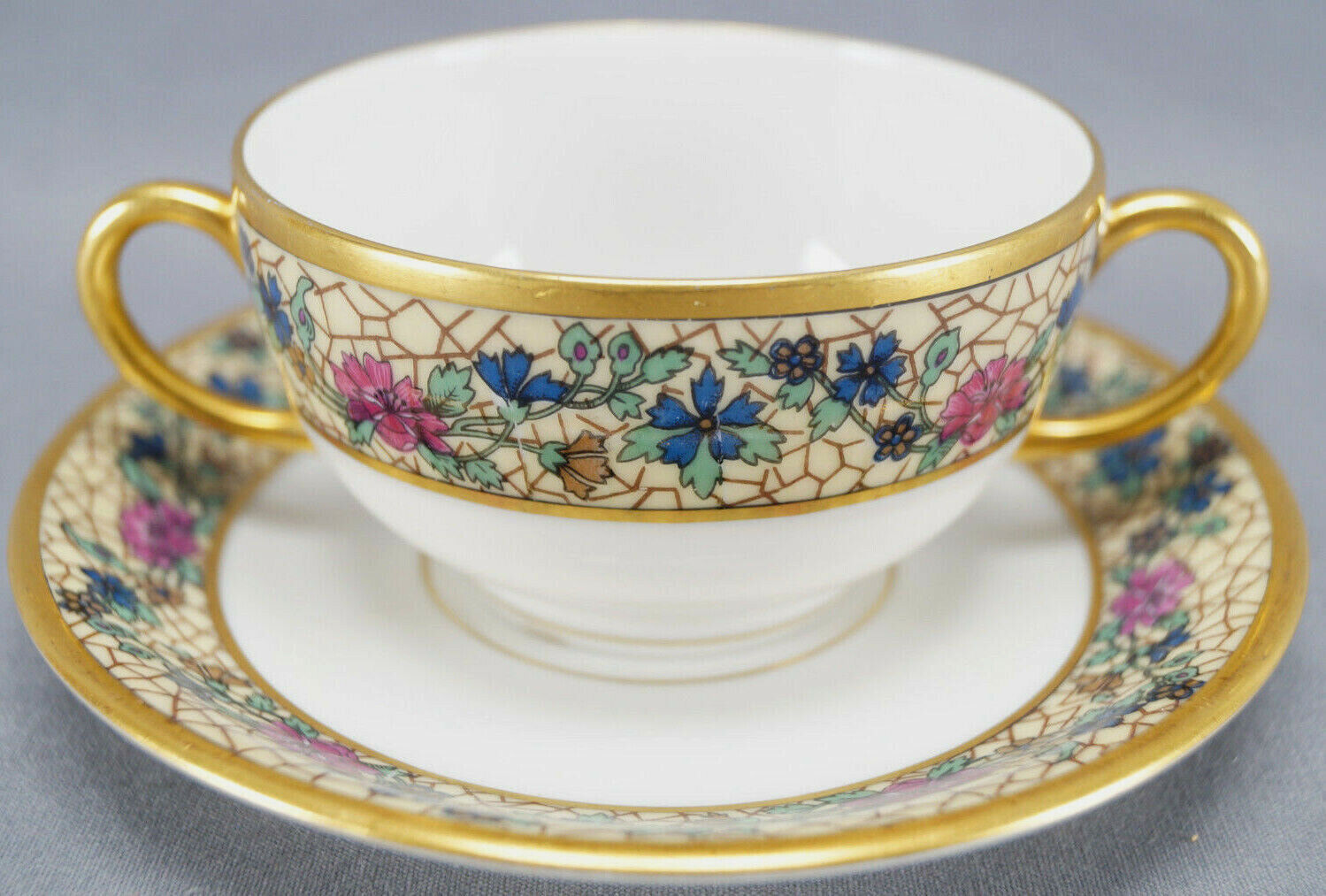 Set of 4 Bawo & Dotter Limoges Art Nouveau Floral Bouillon Cups & Saucers