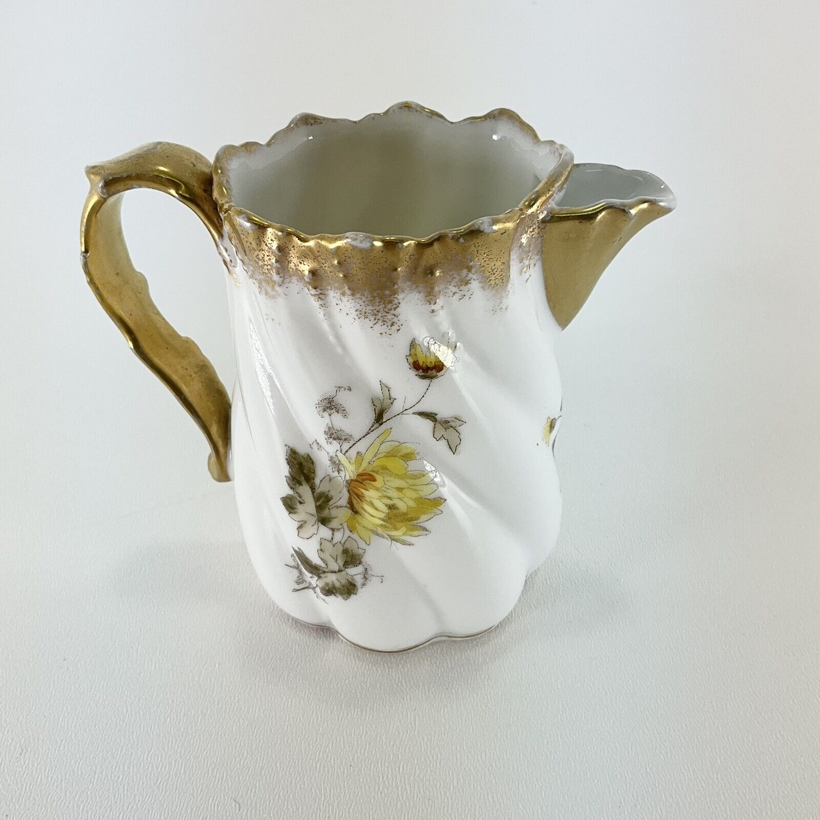 Vintage Limoges Porcelain Creamer  With Yellow Flower With Gold Trim  France