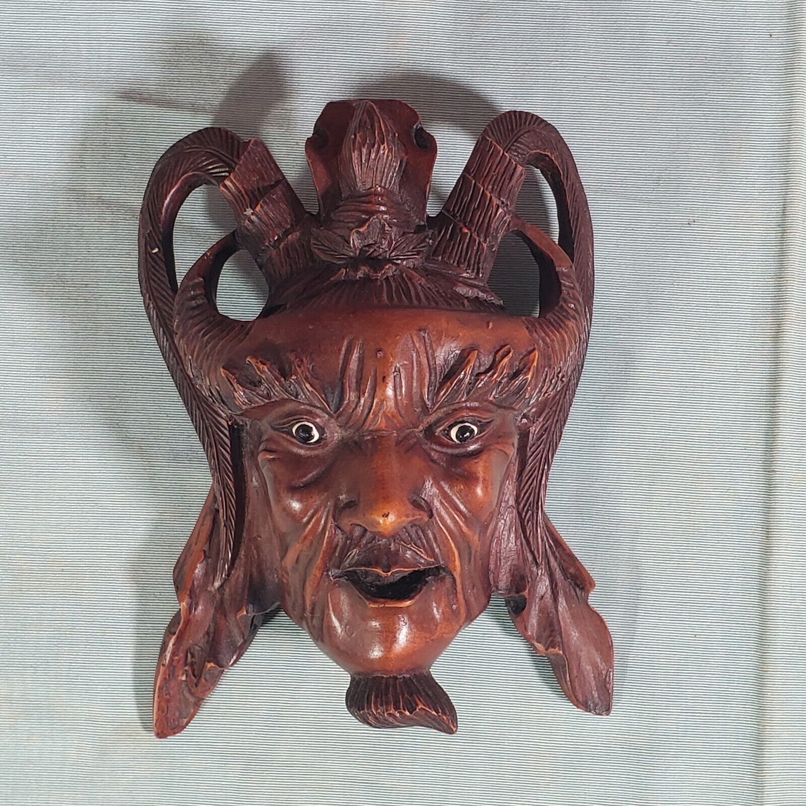 Vintage Asian Carved Rosewood Chinese Emperor Warrior Mask Wall Decor