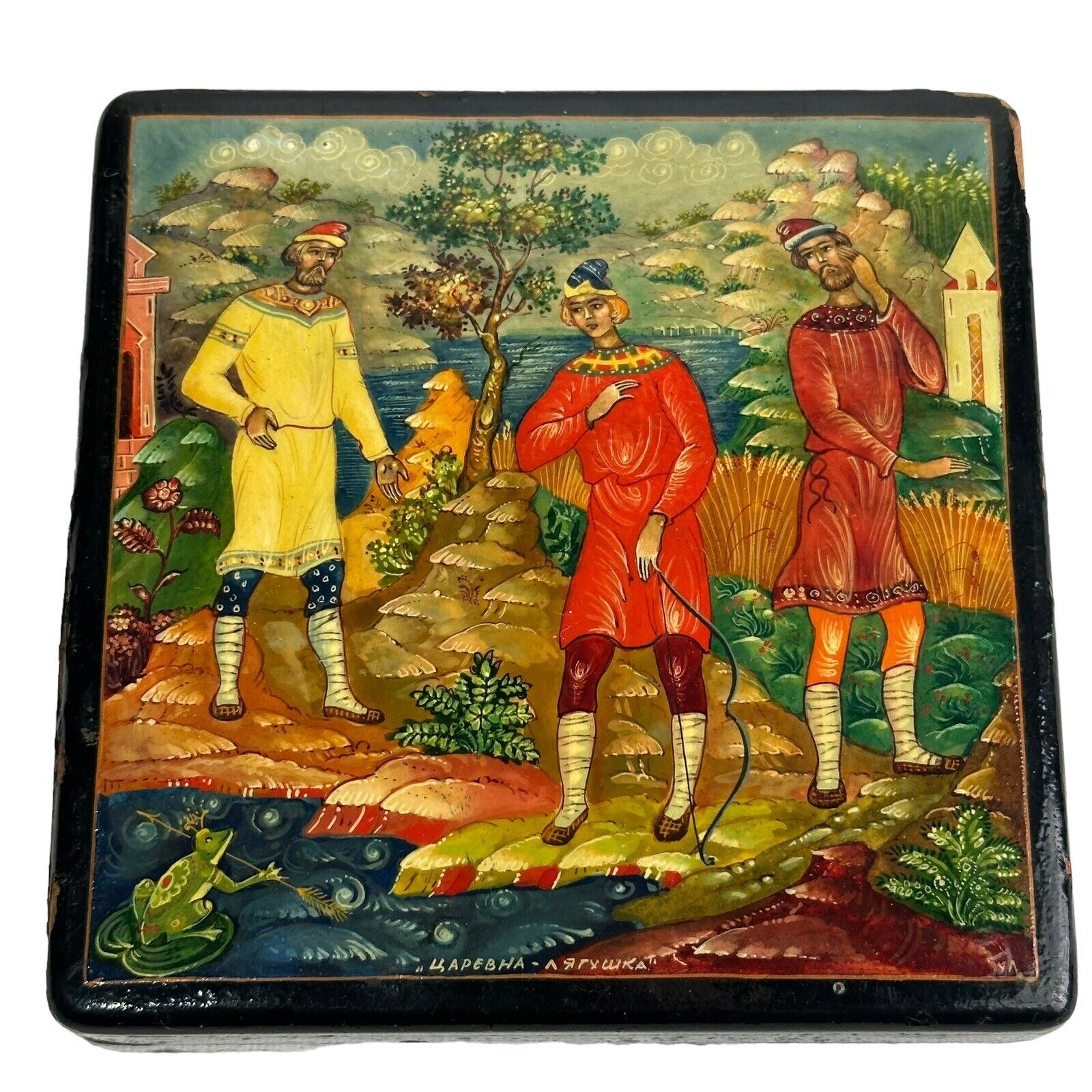 Square Russian Hand Painted Lacquered Wooden Box USSR Signed 1920 Cyrillic
