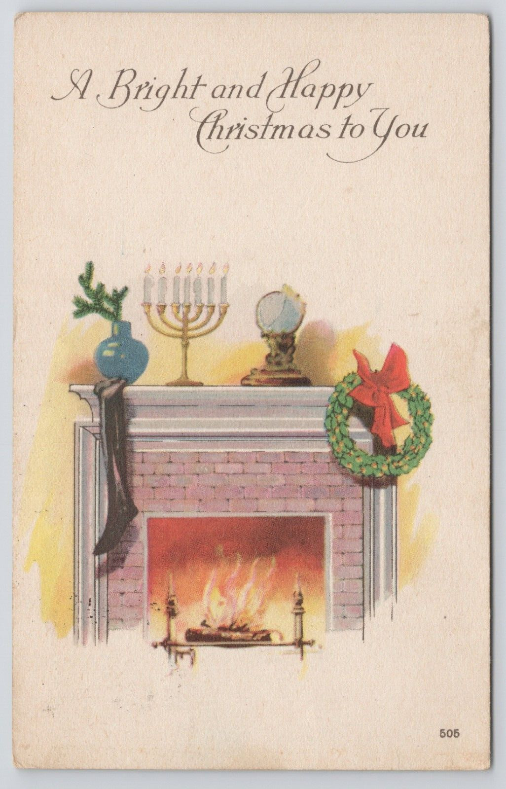 Merry Christmas Greeting Stocking, Candle, Fireplace 1924 Divided Back Postcard