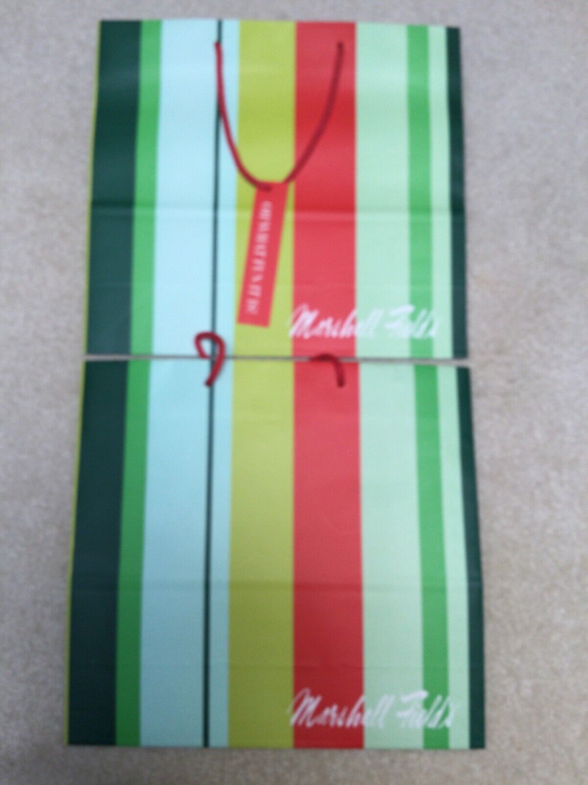 2 Green/Red Striped Marshall Field's Paper Bags 10.75” H. x 11.5” L x 4” W. each