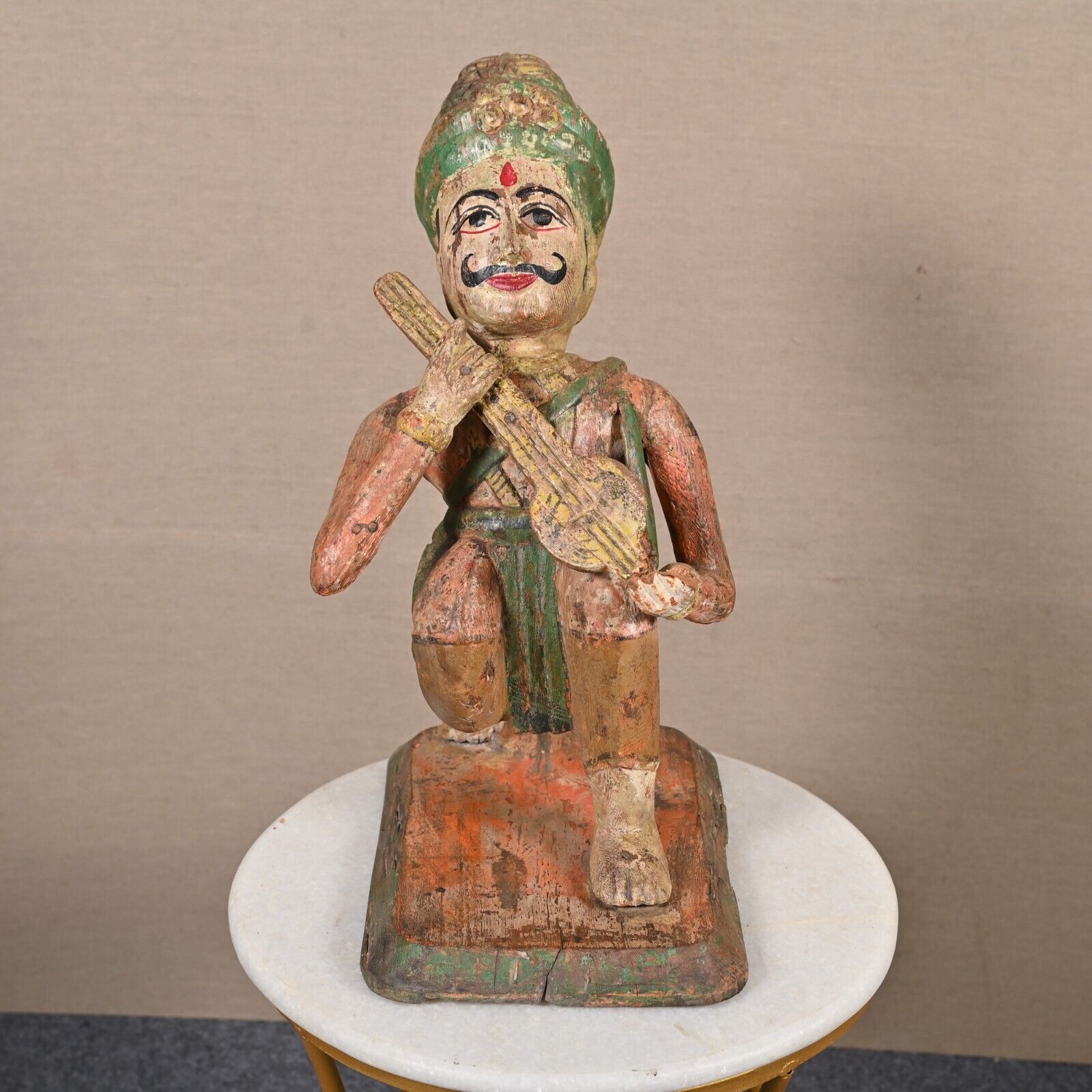 Music Man Statue Vintage Indian Wood Carving Painted Figurine Men Figurine