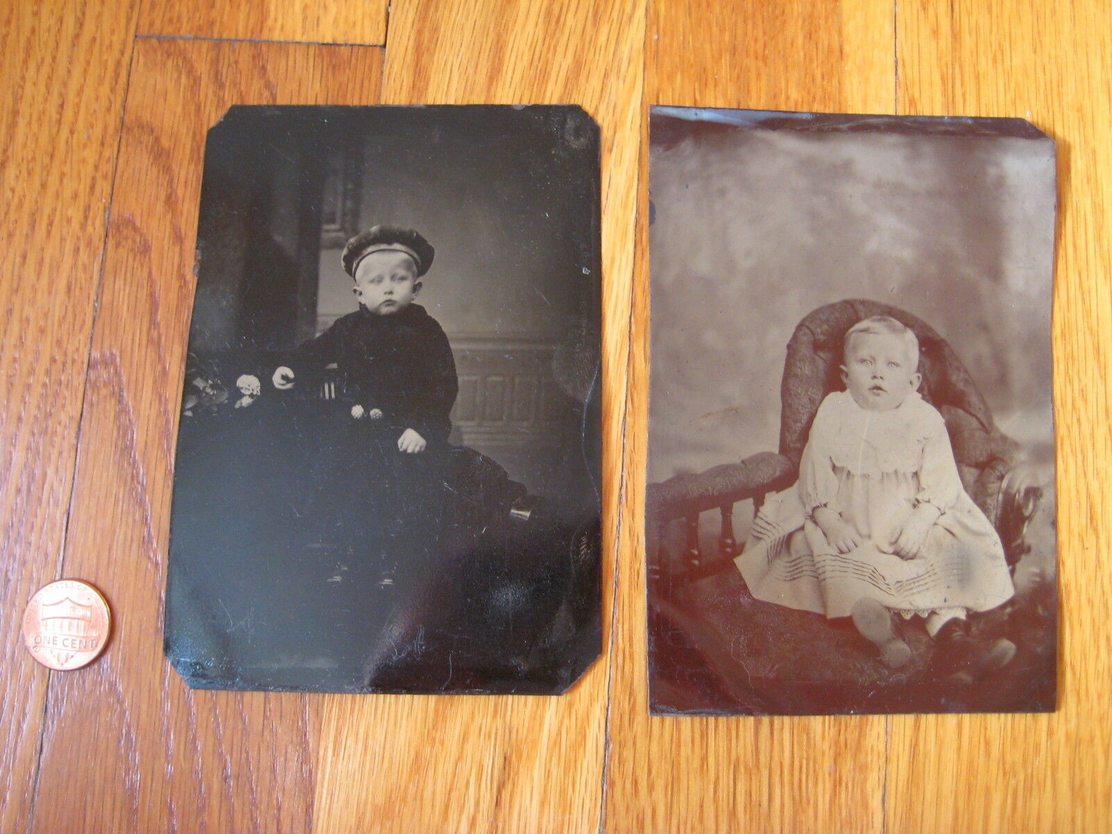 Lot 2 antique children TINTYPE vintage photo infant baby baptism gown dress hat