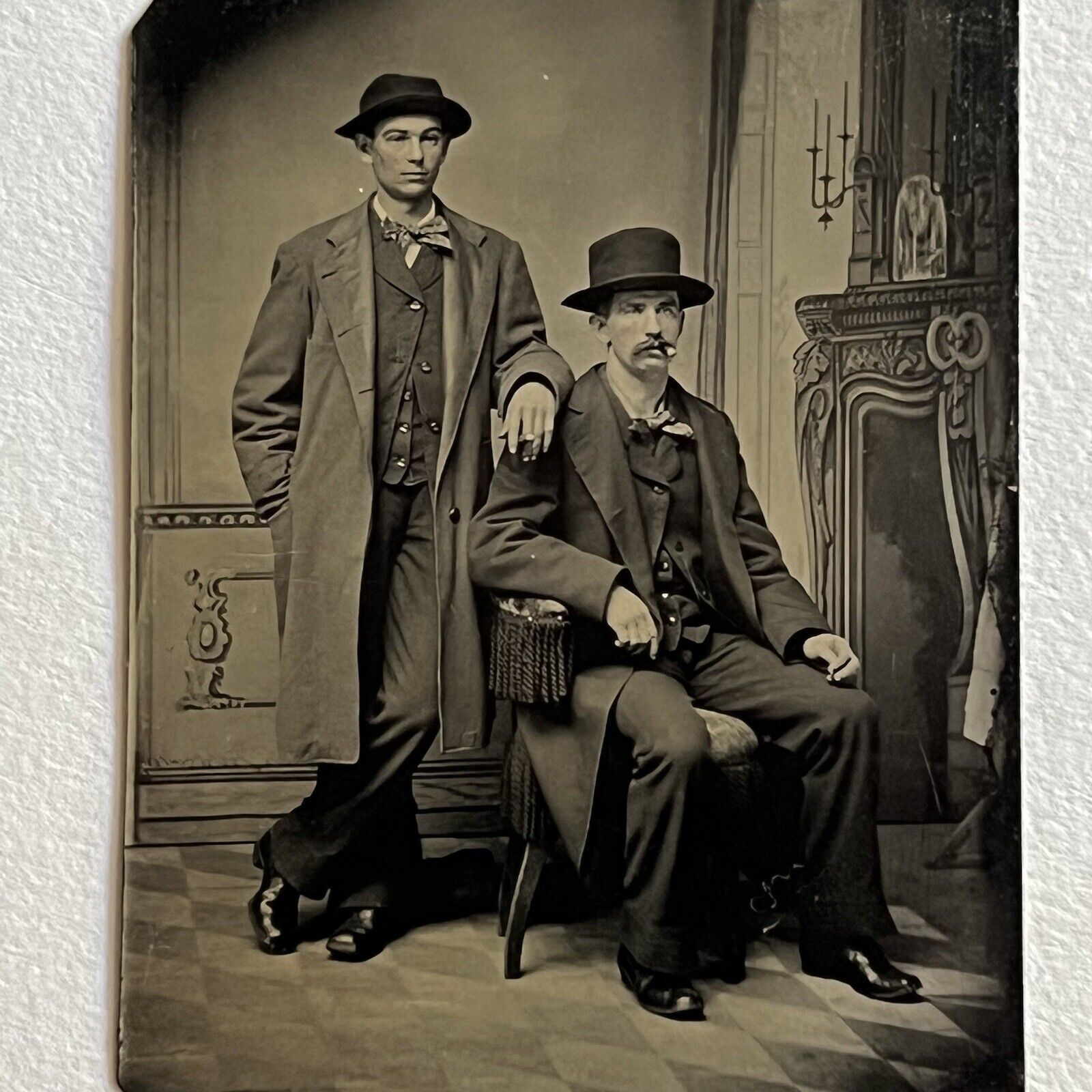 Antique Tintype Photograph Handsome Dapper Men Long Coat Hat Affectionate