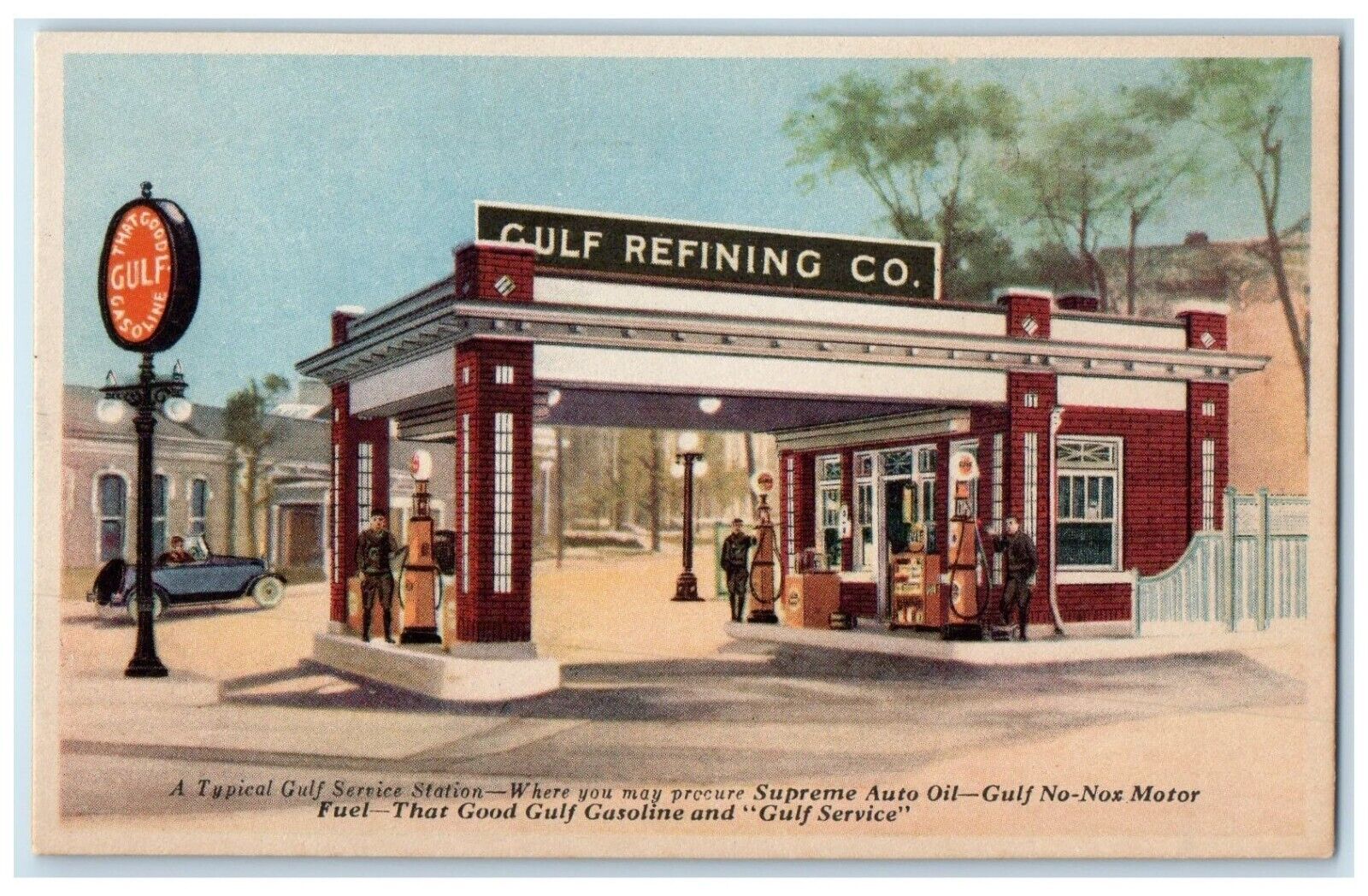 c1930's Gulf Refining Co. Fuel Gas Station Supreme Auto Oil Vintage Postcard
