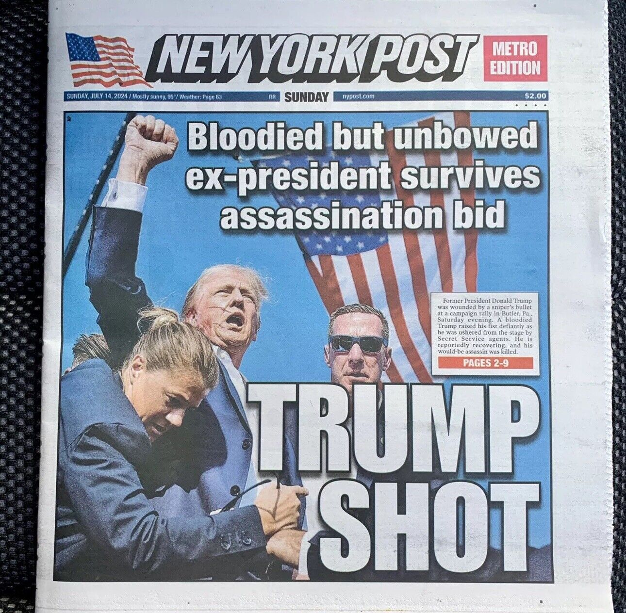 New York Post Donald Trump Shot 7/14/2024 Sunday Newspaper