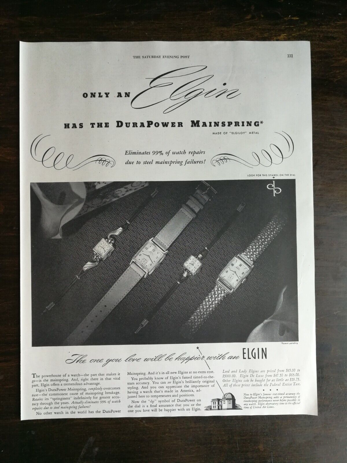 Vintage 1948 Elgin DuraPower Mainspring Watch Full Page Original Ad