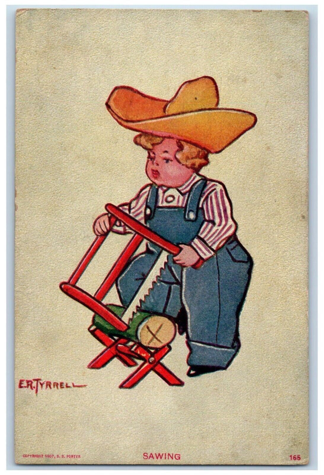 c1910\'s Boy Jumper Big Hat Sawing Log ER. Tyrrell Posted Antique Postcard