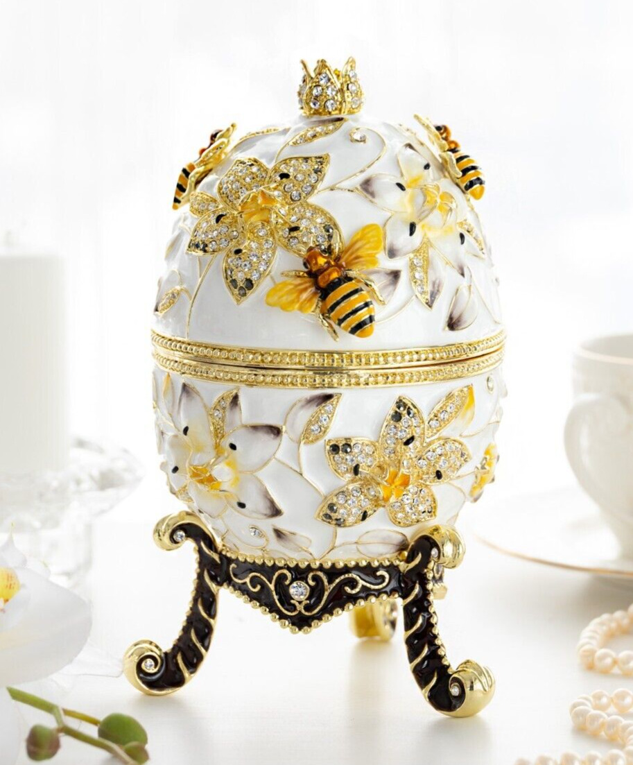 Keren Kopal Large White Egg with Bees  Trinket Decorated with Austrian Crystals