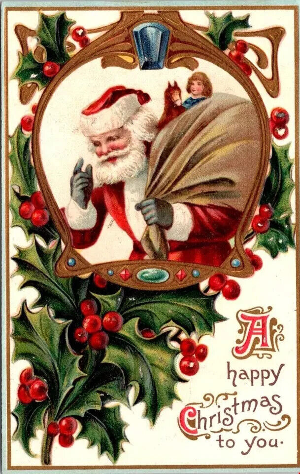 Red Robe Santa Claus with Toy Sack~Doll~Jewel~Antique Christmas~Postcard~k684