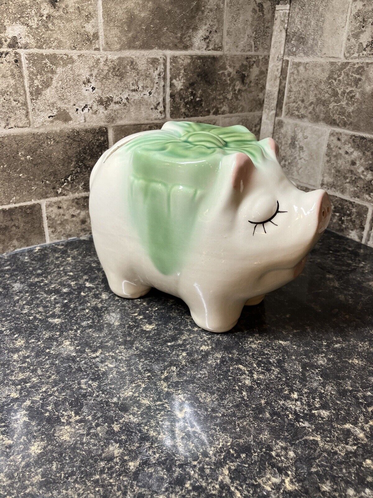 Vintage 1950’s, Rare McCoy Pottery Green Bow Piggy Bank 