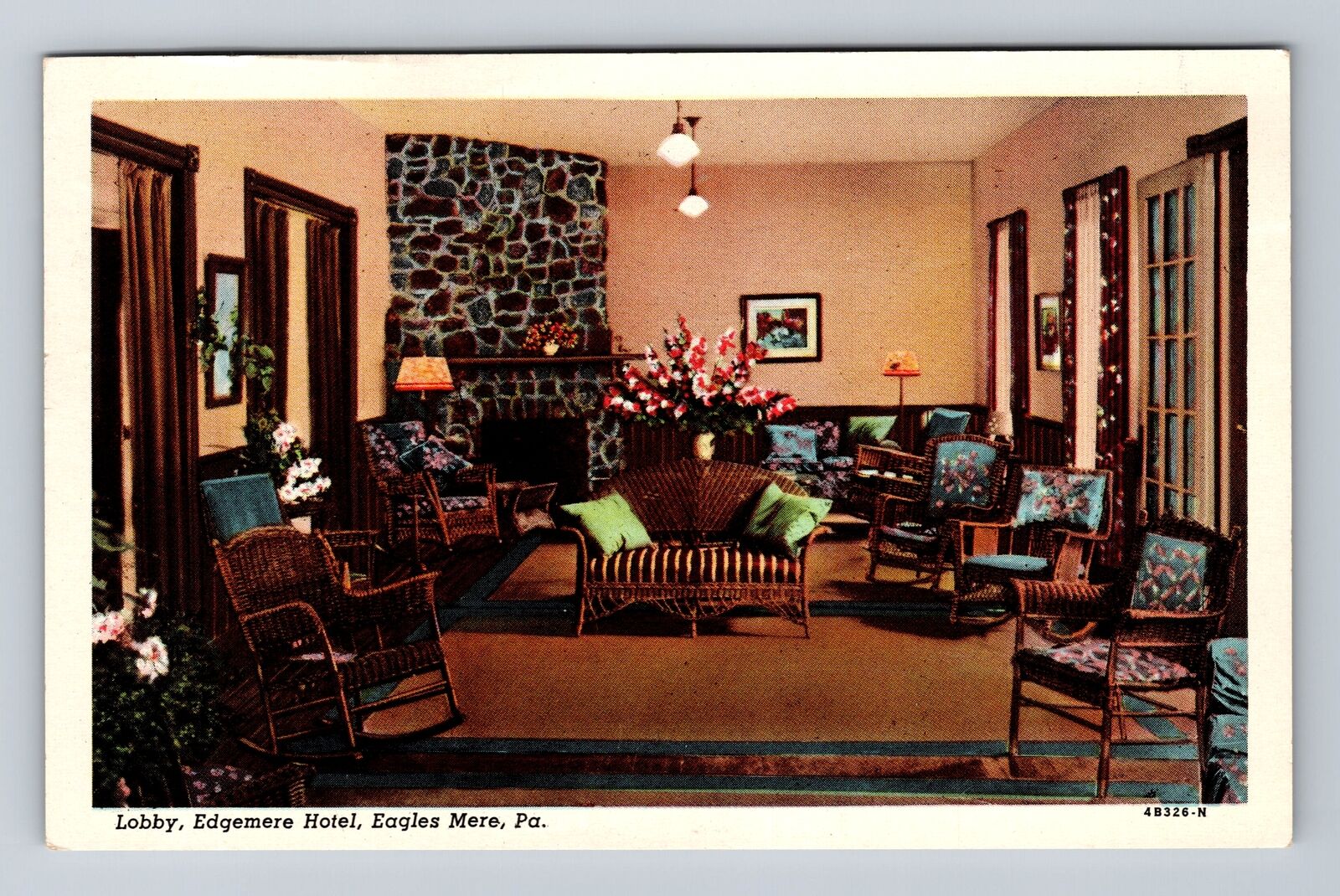 Eagles Mere PA-Pennsylvania, Lobby, Edgemere Hotel, Vintage c1949 Postcard
