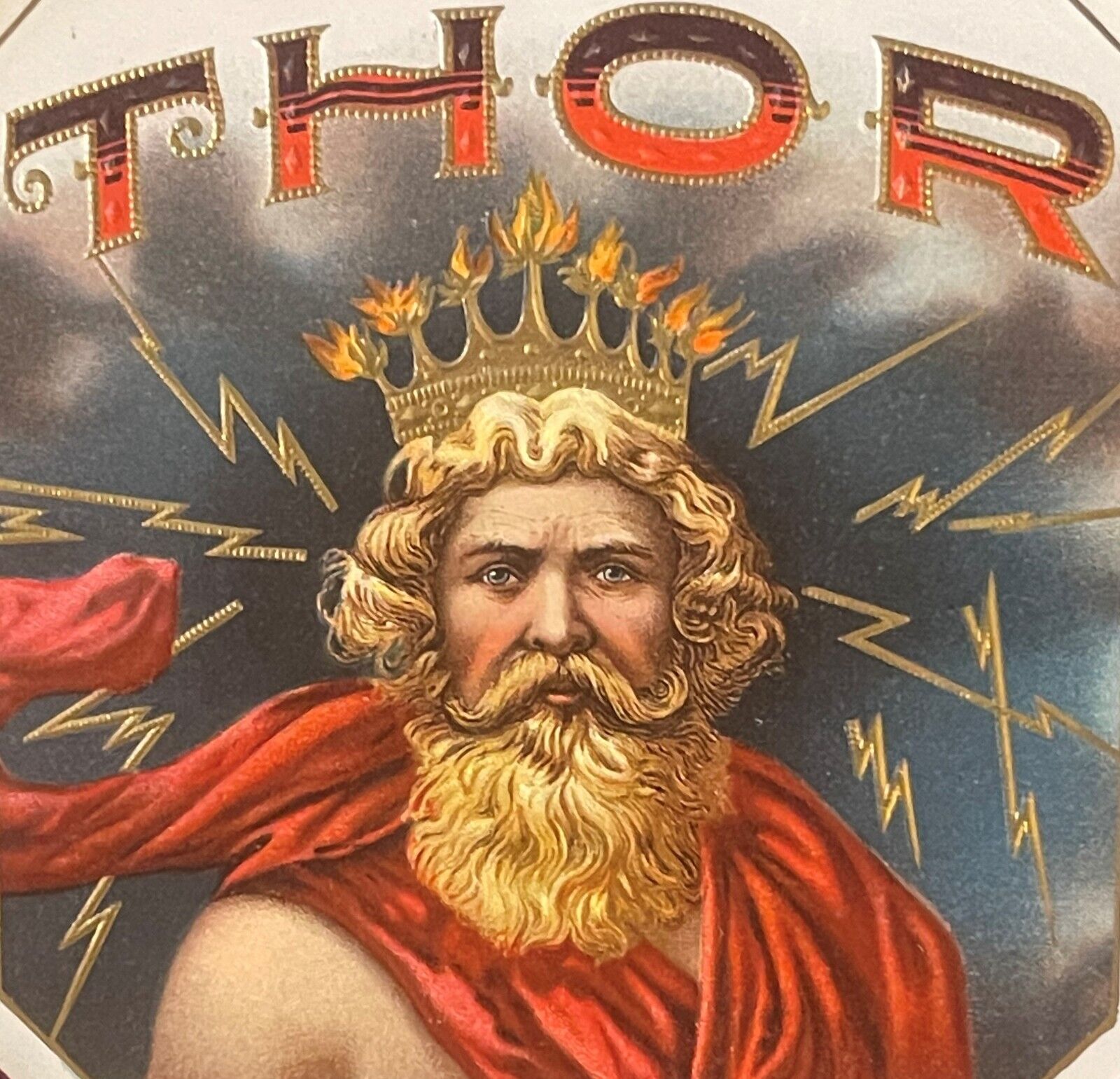 Rare Antique Thor God of Thunder Gold Embossed Cigar Label 1900s