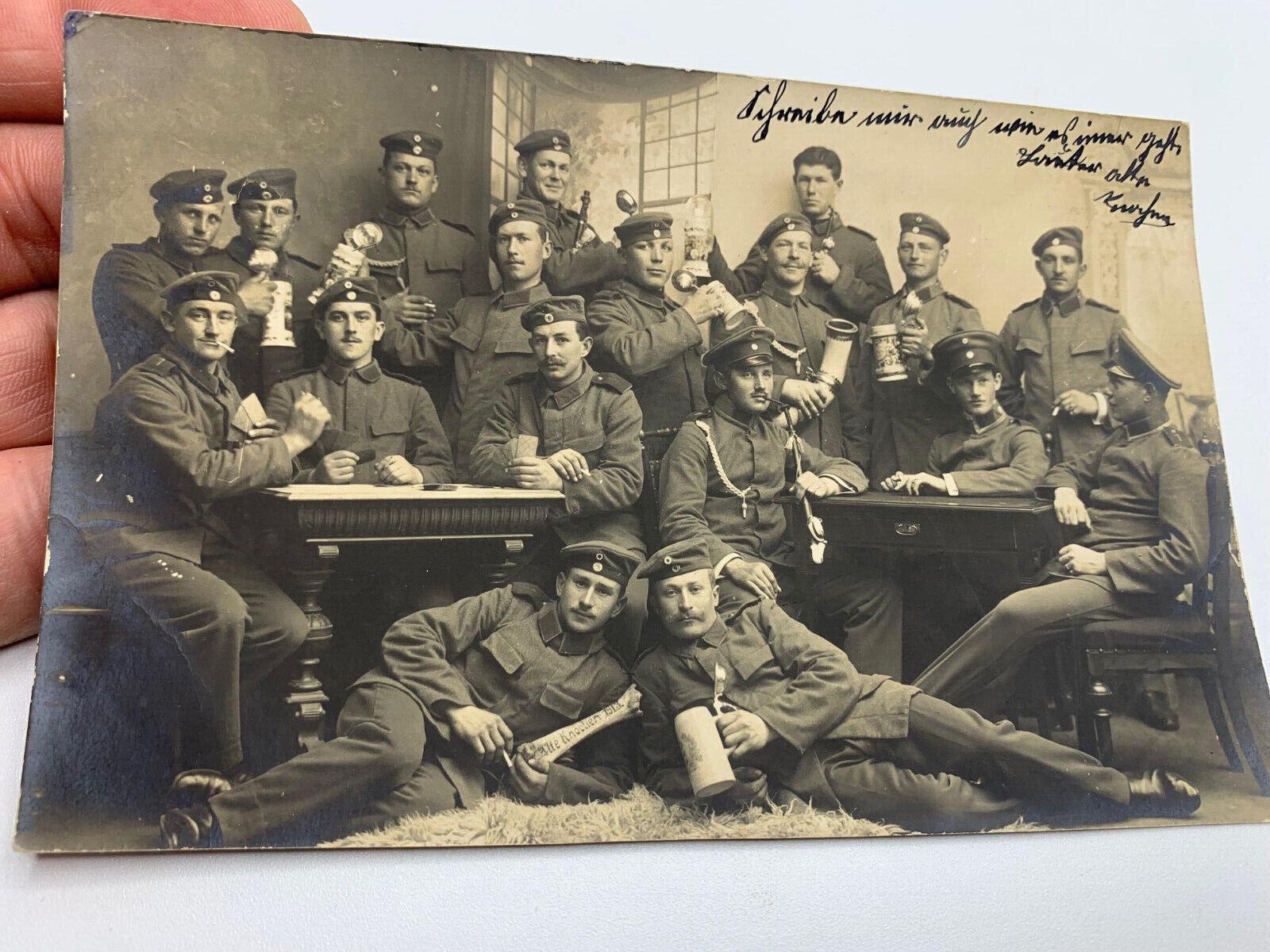 1913 Bayern Germany postcard. Soldiers drinking beer. antique,  military RPPC