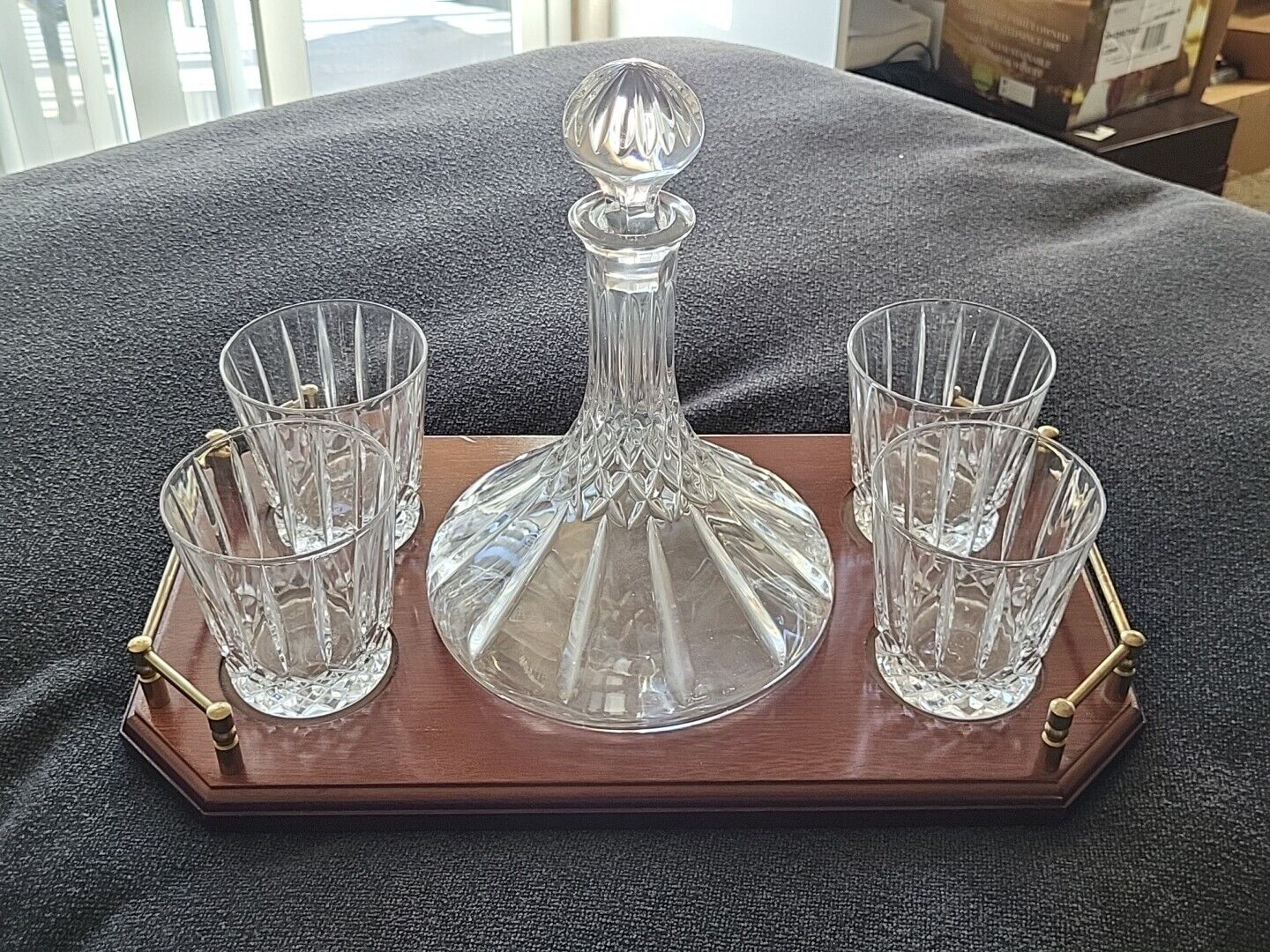 Wedgwood Crystal Ship's Decanter 4 Double Old Fashioned Tumblers Tray Set 