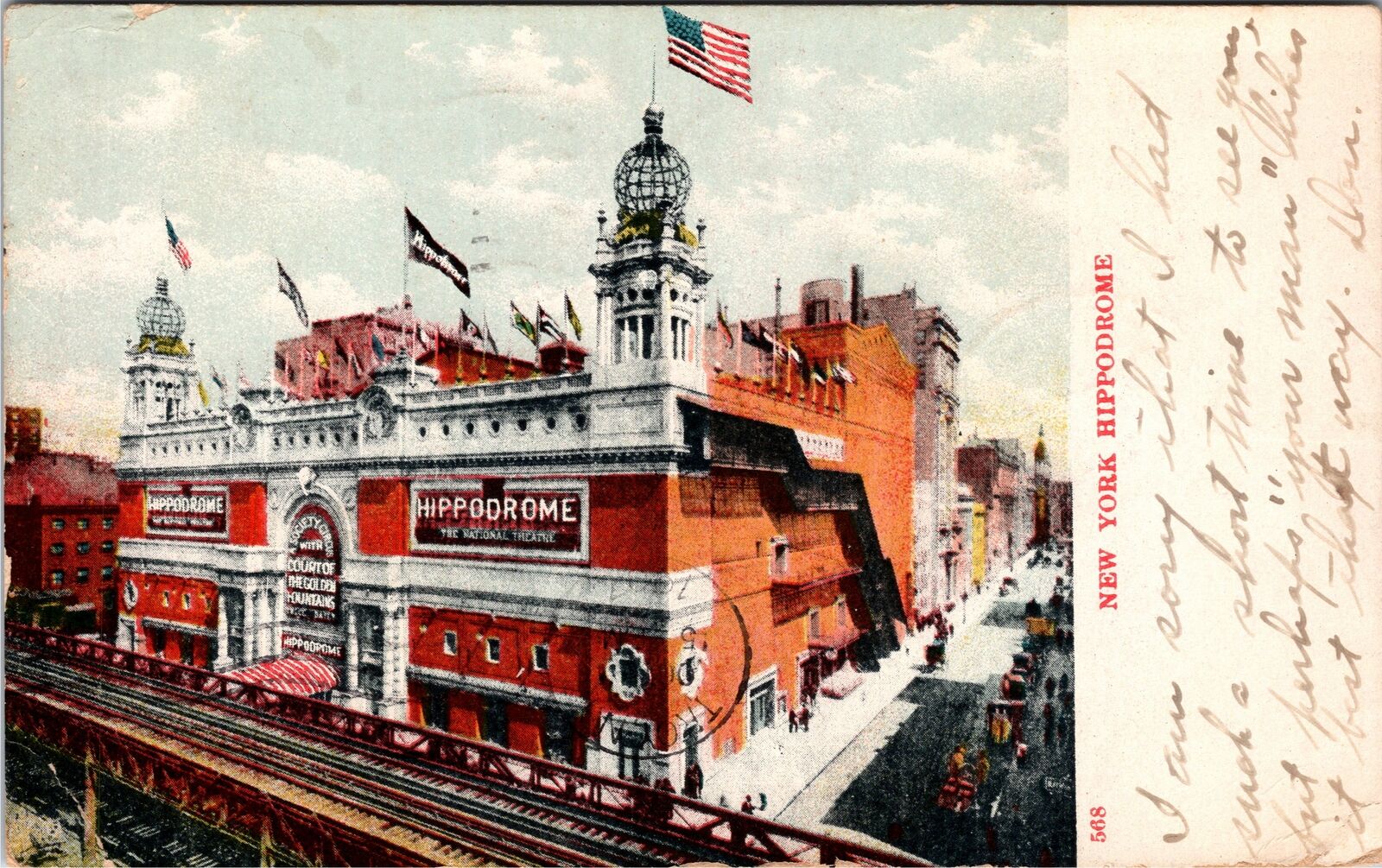 VINTAGE POSTCARD THE NEW YORK HIPPODROME STREET SCENE RAIL TRACKS MAILED 1907